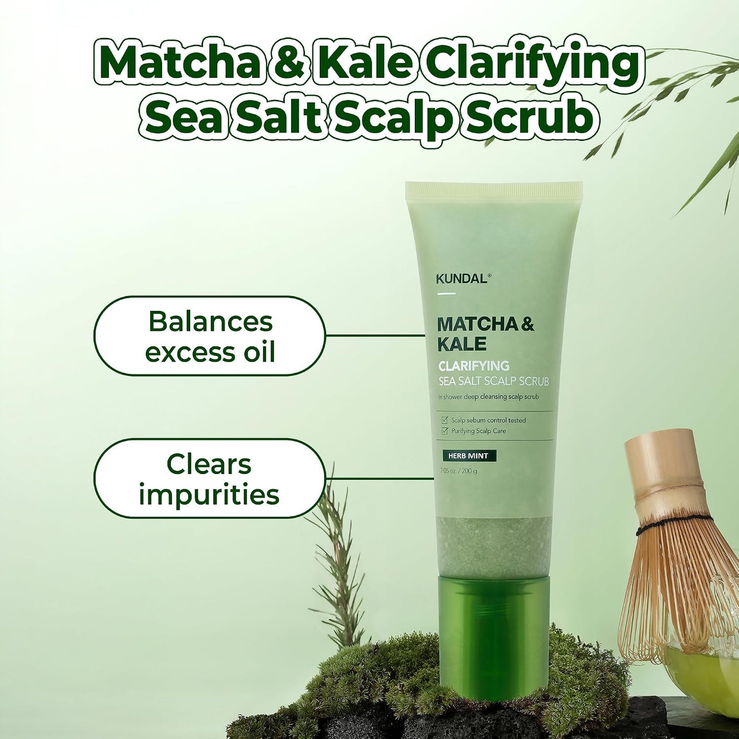 Matcha & Kale Clarifying Sea Salt Scalp Scrub Herb Mint - Απολεπιστικό Scrub Τριχωτού με Matcha, Kale & Αλάτι Νεκράς Θάλασσας